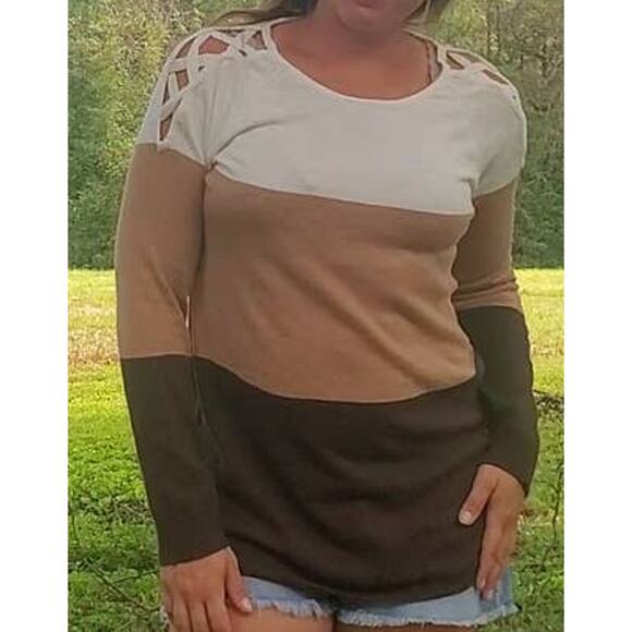 New York & Company lattice sleeve tunic sweater brown colorblock medium - Picture 1 of 3